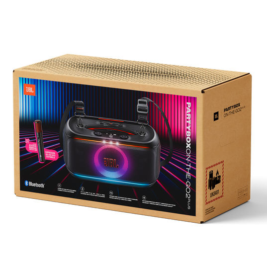 JBL PartyBox On-the-Go 2 Plus - Black - Portable party speaker with real-time AI vocal removal, a wireless mic, powerful JBL Pro Sound, a dynamic lightshow, up to 15 hours of playtime, and a replaceable battery, plus a handle and shoulder strap - Detailshot 7
