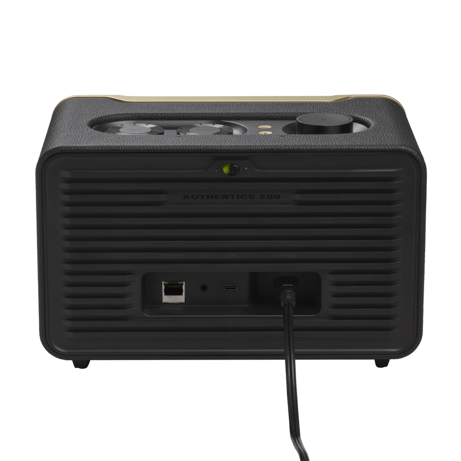 JBL Authentics 200 rear inputs and cabinet on white background