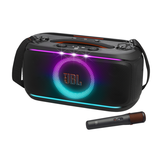 JBL PartyBox On-the-Go 2 Plus - Black - Portable party speaker with real-time AI vocal removal, a wireless mic, powerful JBL Pro Sound, a dynamic lightshow, up to 15 hours of playtime, and a replaceable battery, plus a handle and shoulder strap - Hero